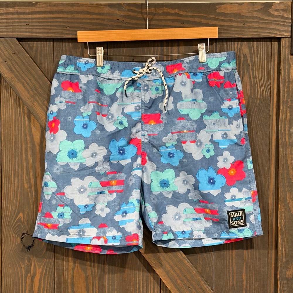 Men's Maui & Sons Men’s Swim Boardshorts Trunks Blue‎ Floral w/Mesh Lining XL
